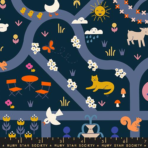 Woodland Park "Garden Map" in Teal Navy by Ruby Star Society Fabric