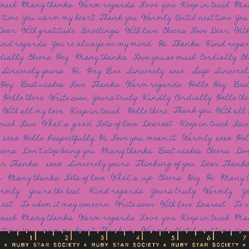 Salutations "Hello Goodbye" in Heliotrope by Ruby Star Society Fabric